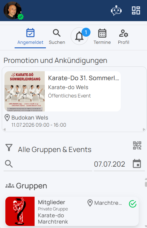 Screenshot: Angemeldet-Ansicht mit Gruppen, Events und Promotion