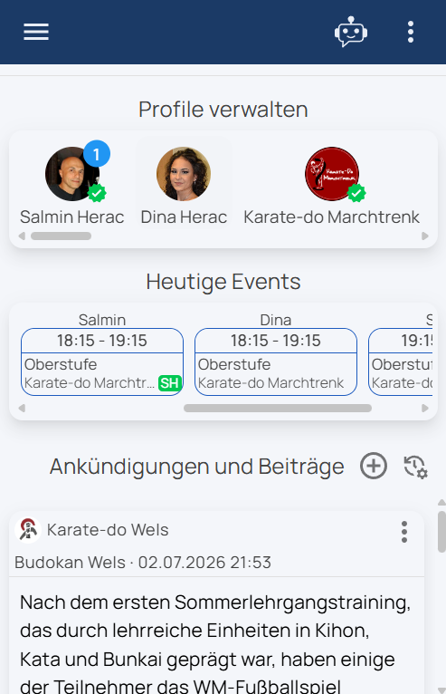 Screenshot: Startseite mit Profilverwaltung und heutigen Events